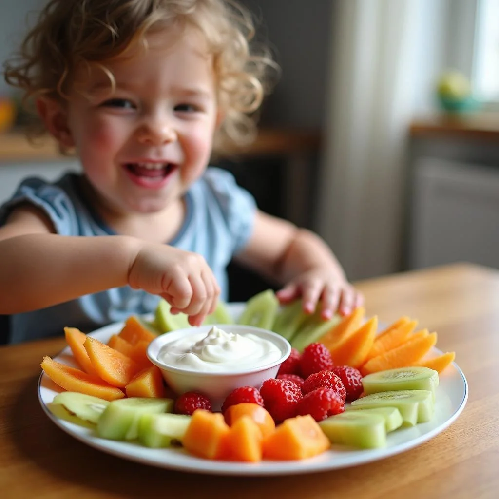 Plate of healthy homemade snacks for toddlers including fruits and veggies, with a smiling toddler reaching for the snacks.