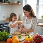 Parent and toddler making healthy snacks together in the kitchen, enjoying quality time with fresh fruit and vegetables.