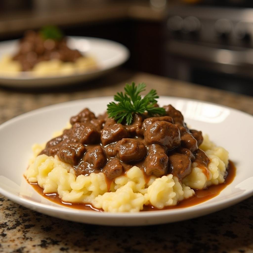 Russian beef stroganoff dish with creamy sauce and mashed potatoes, representing hearty cold-weather cuisine.
