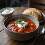 Traditional Russian borscht soup served in a bowl with rye bread and dill on a wooden table, depicting cozy winter comfort food.