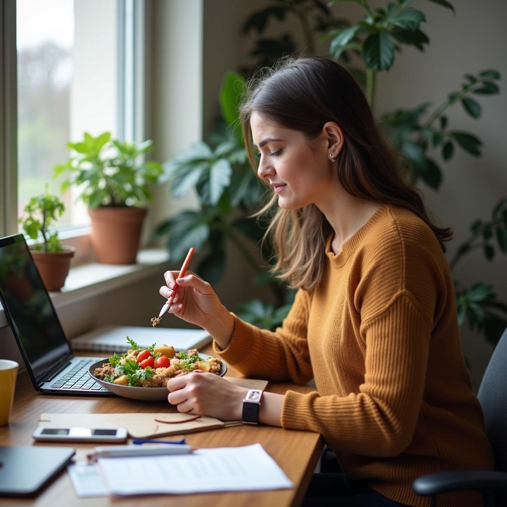 A professional having a nutritious lunch at their desk, promoting high-focus and sustained energy without the crash.