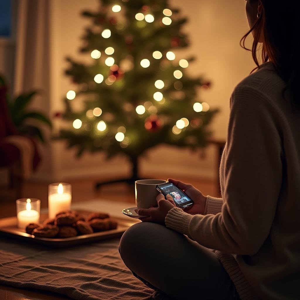 A person meditating with a cup of tea and holiday baked goods nearby, emphasizing mindful moments during holiday baking.