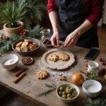 A baker in a cozy kitchen making holiday cookies with festive decorations and natural ingredients, promoting mindful baking moments.