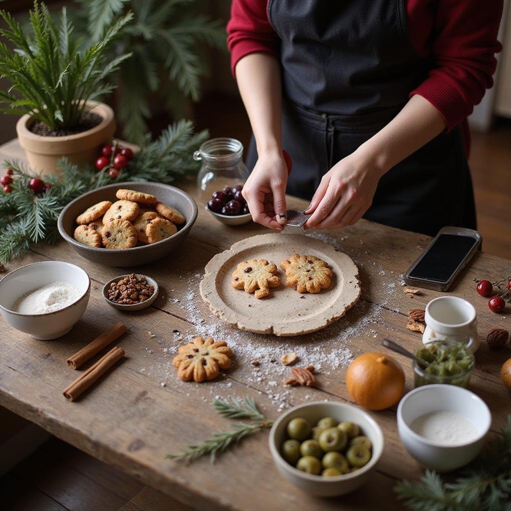 A baker in a cozy kitchen making holiday cookies with festive decorations and natural ingredients, promoting mindful baking moments.