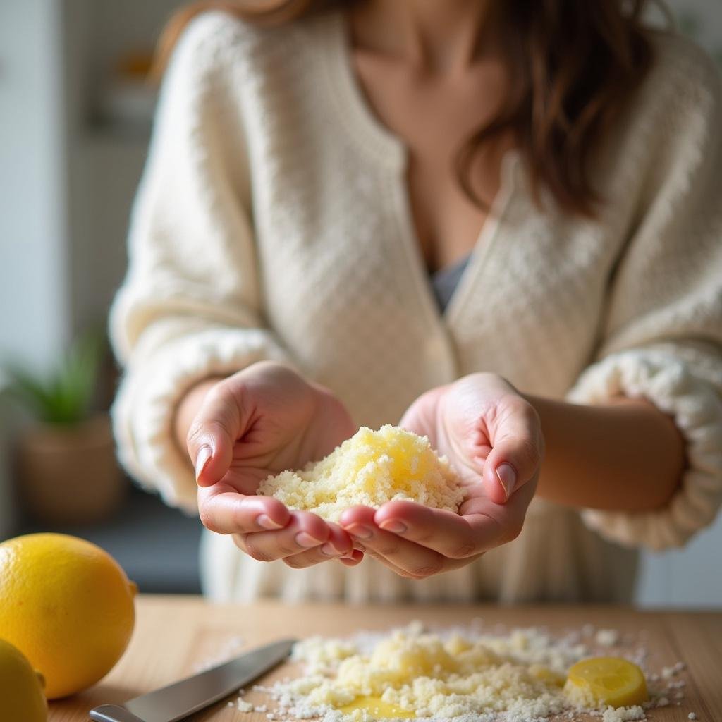 Woman using a homemade food-based kitchen scrub on her hands in a bright kitchen.