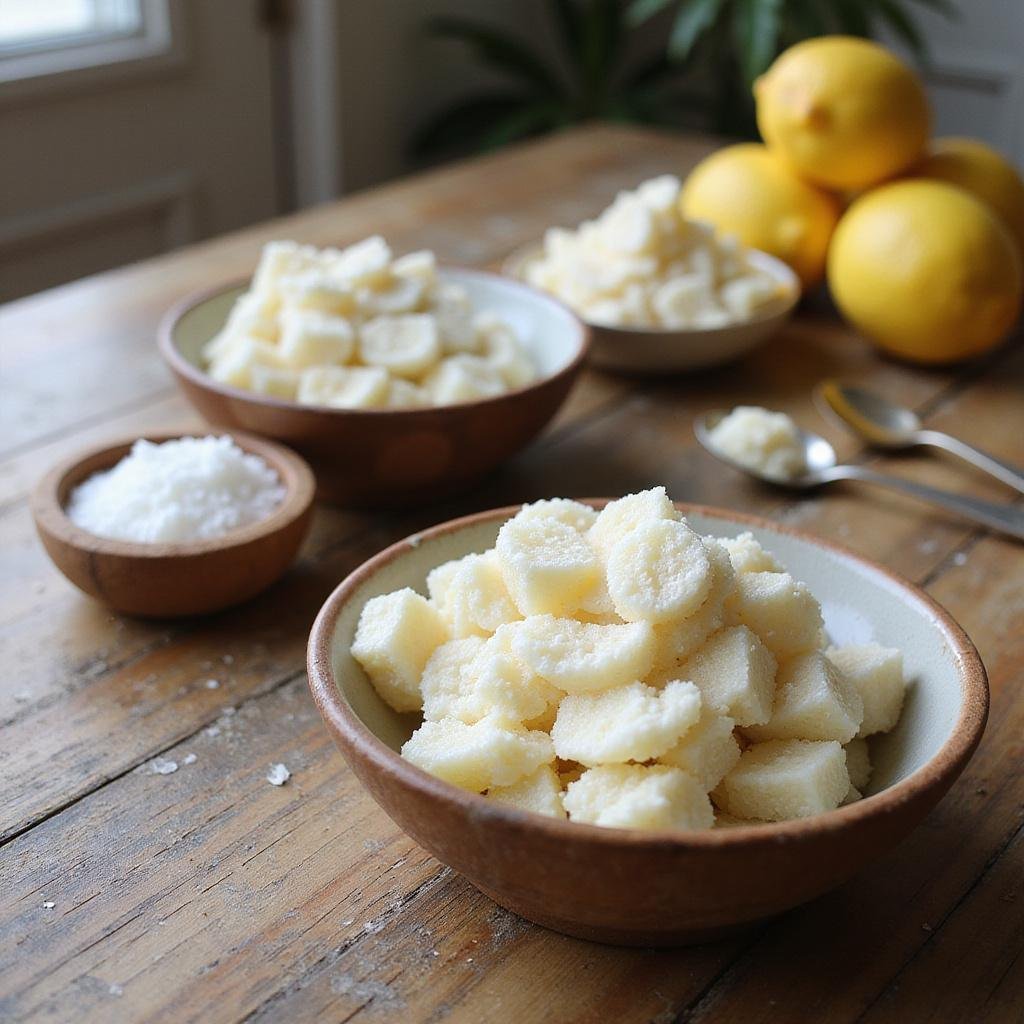 Homemade kitchen scrubs made from food ingredients like sugar, lemon, and coconut oil on a wooden countertop.