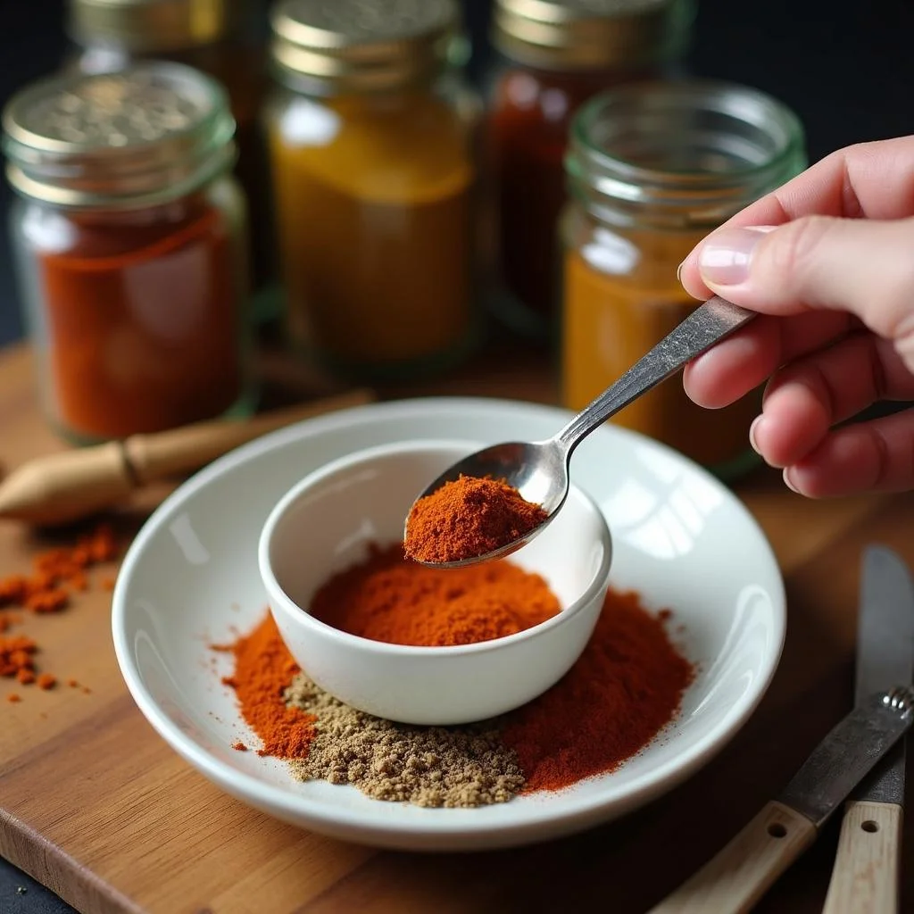 Person preparing homemade spice mixes by measuring spices into a bowl, showcasing cost-effective ways to create flavorful blends.