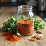 Homemade spice mix in a jar with fresh herbs and spices on a kitchen countertop, saving money by making spice blends at home.