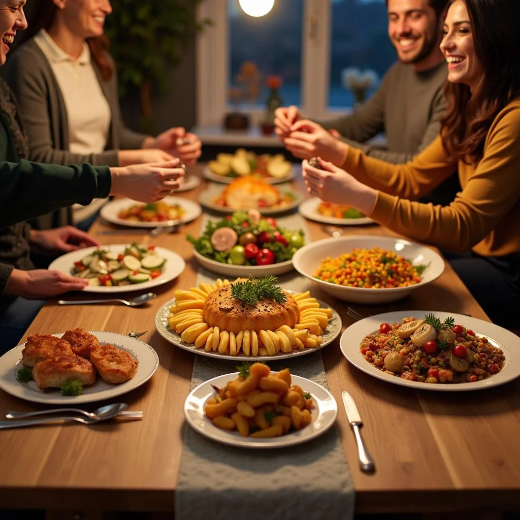 Close-up of a Friendsgiving potluck table featuring delicious homemade dishes and joyful friends sharing the meal.