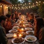 Friends enjoying a festive outdoor Friendsgiving celebration with food, decorations, and cheerful smiles.