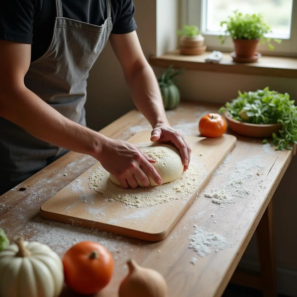 Individual kneading dough in a peaceful kitchen environment as a way to combat burnout