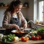 Happy person preparing a meal in a cozy kitchen to relieve stress and burnout
