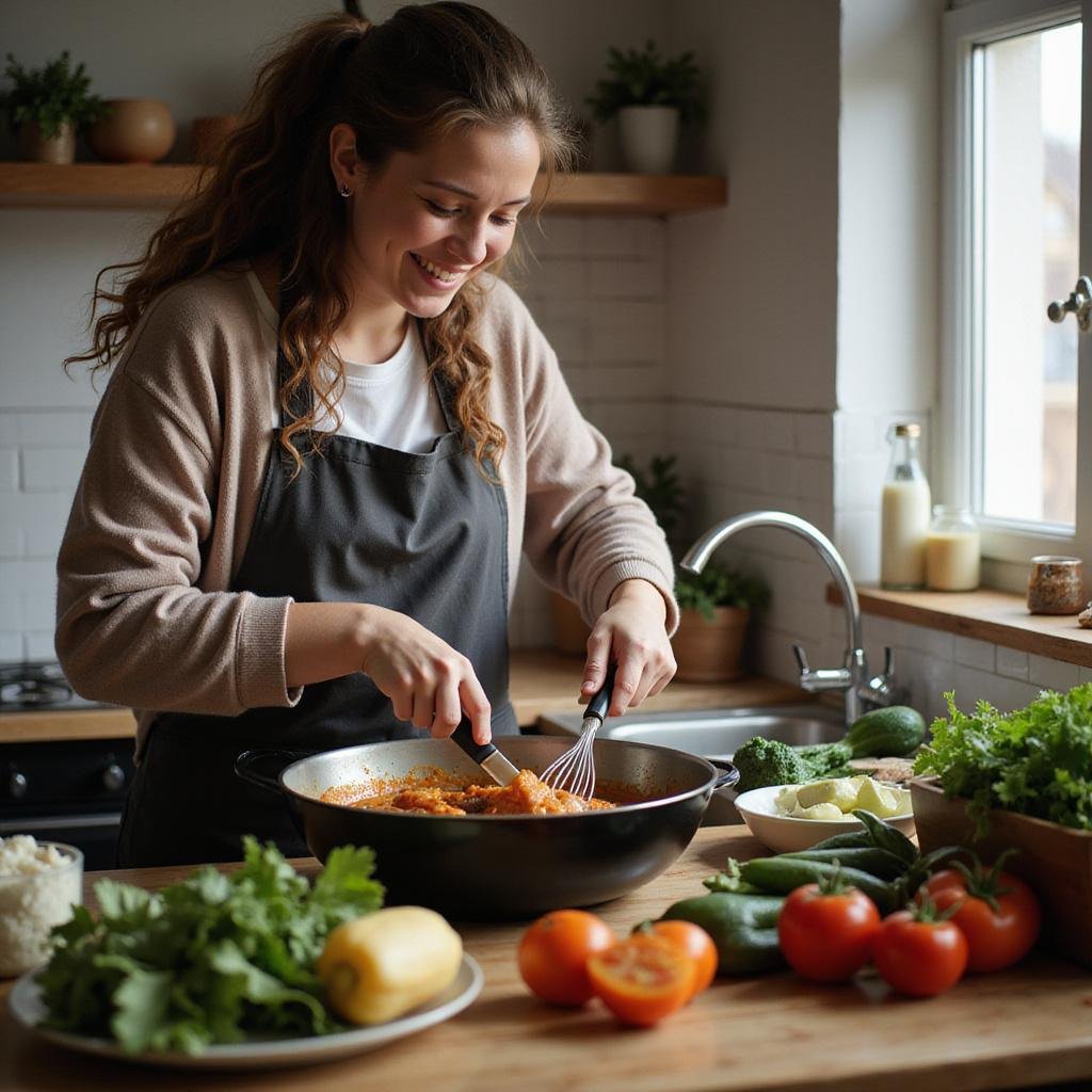Happy person preparing a meal in a cozy kitchen to relieve stress and burnout