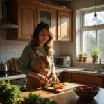 A woman happily preparing a meal in her home kitchen, highlighting the therapeutic aspect of cooking for mental health