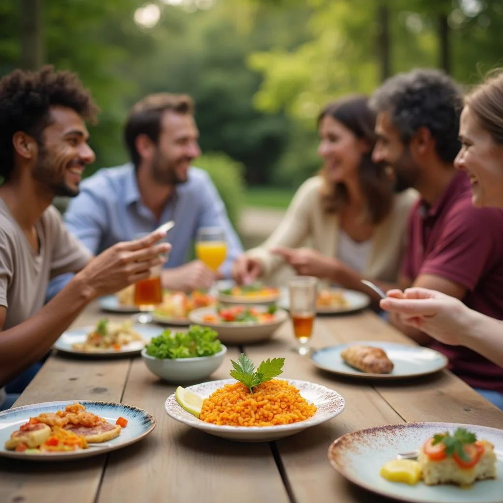 Friends sharing a meal outdoors, highlighting the social and connecting power of food through a lively gathering.