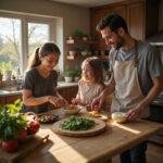 Family cooking together in a cozy kitchen, emphasizing the bonding experience of preparing food together.