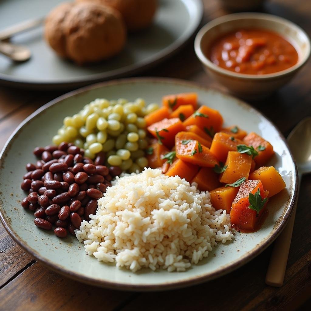 Plate of budget-friendly homemade meal with rice, beans, and vegetables, showcasing affordable cooking for a week on a limited budget.