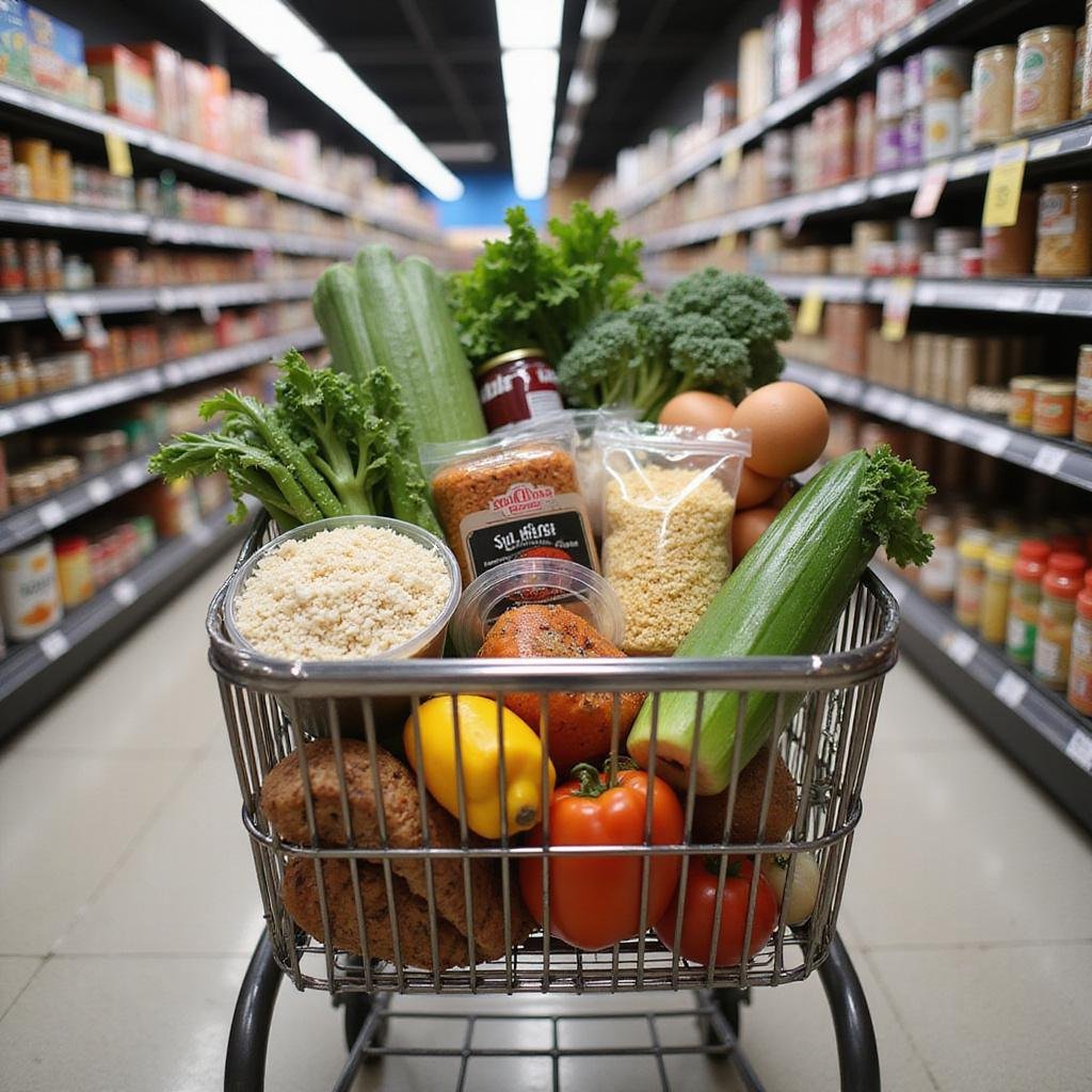 Shopping cart with budget-friendly ingredients such as rice, beans, vegetables, and eggs for a week's cooking on a budget of USD20.