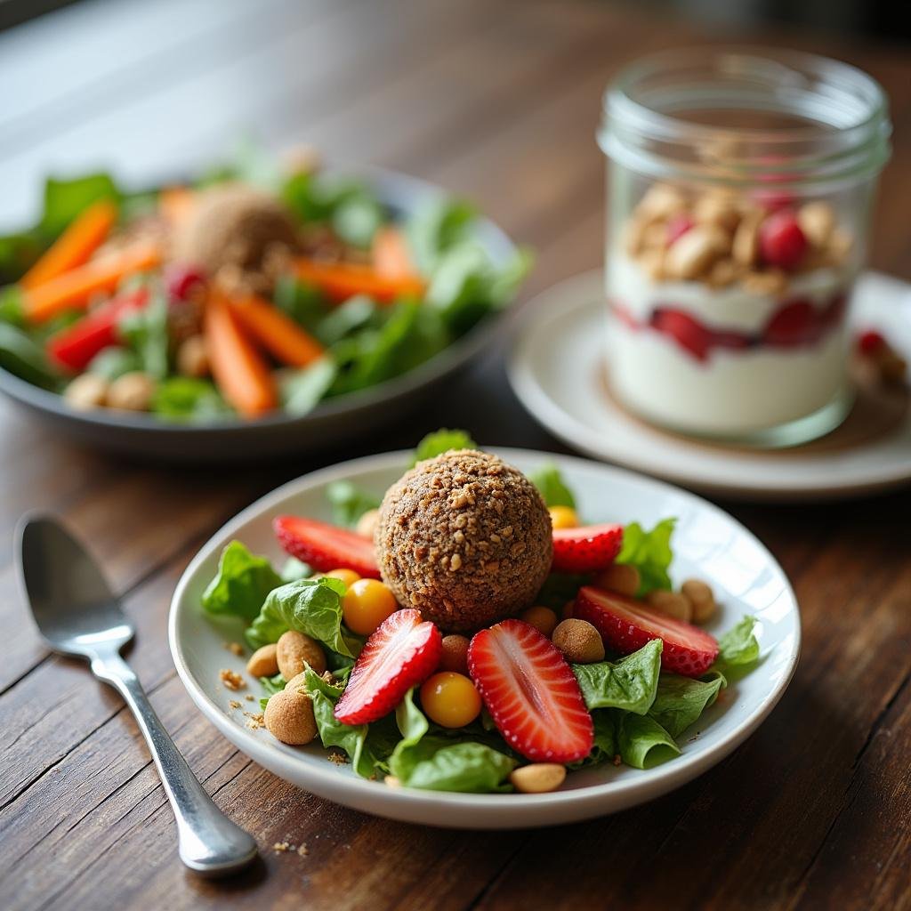 Display of three easy sugar-free recipes: veggie salad, energy balls, and yogurt parfait on a wooden table