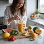 Person making a healthy fruit smoothie with fresh fruits and natural ingredients in a bright kitchen for a sugar-free lifestyle