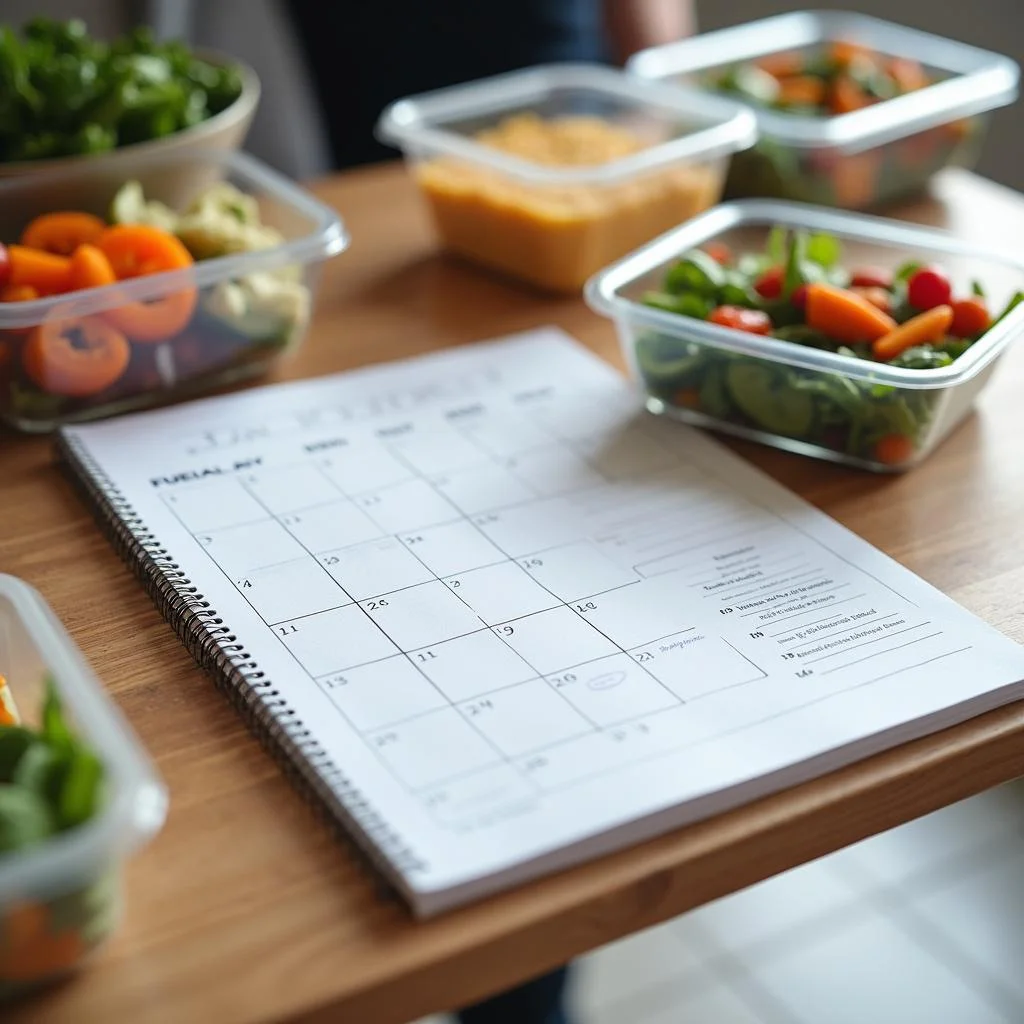 A detailed view of a meal planning calendar and pre-packed meals, highlighting smart meal prep strategies for saving time.