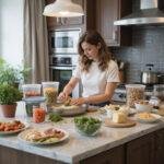 A woman organizing meal prep containers in a bright kitchen, illustrating efficient weekly meal preparation to save time.