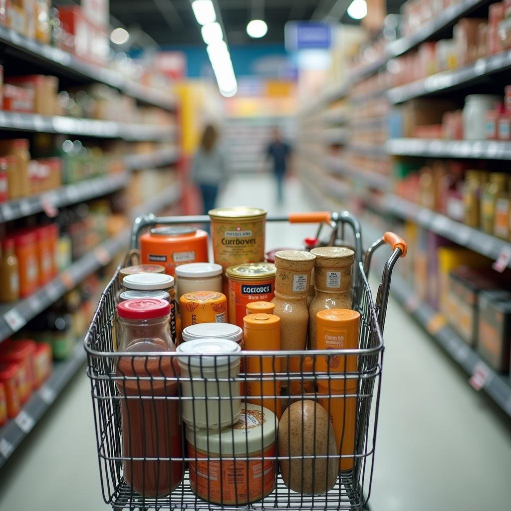 Shopping cart loaded with affordable grocery items in a supermarket aisle, emphasizing cost-saving shopping.