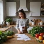 Person happily reviewing grocery receipt with fresh vegetables and cooking ingredients on the table.