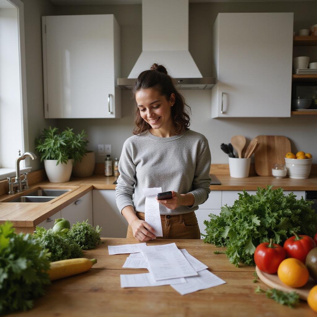 Person happily reviewing grocery receipt with fresh vegetables and cooking ingredients on the table.