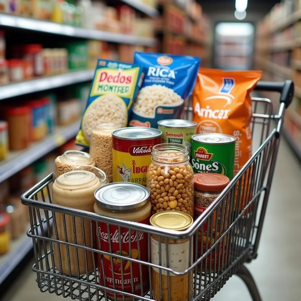 Grocery cart stocked with budget-friendly pantry essentials such as rice and canned goods, illustrating affordable weekly shopping for USD25.