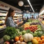 Woman shopping for fresh vegetables and fruits on a budget at a grocery store, emphasizing grocery shopping for USD25 a week.