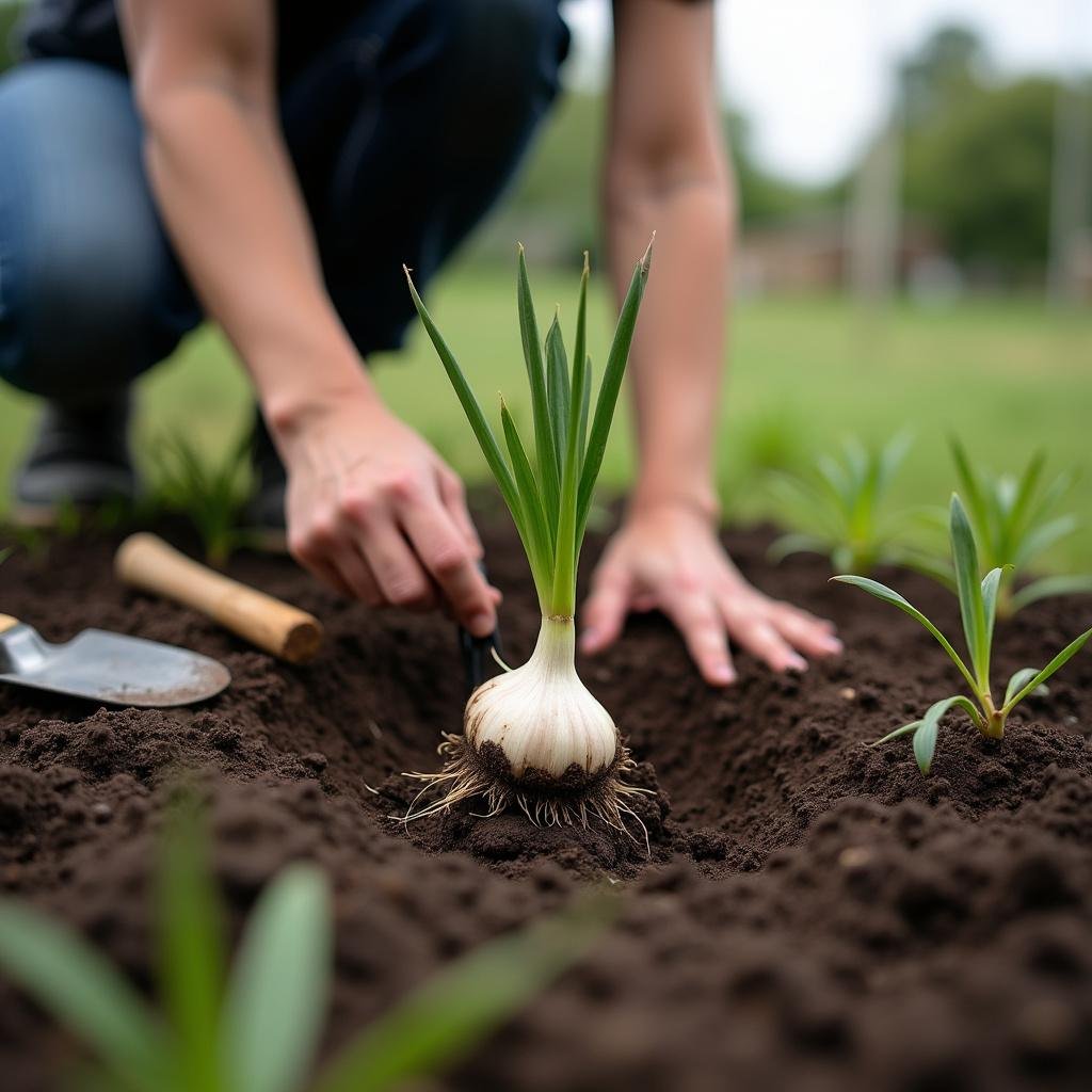 Gardener planting garlic sprout into soil in a backyard garden setting.