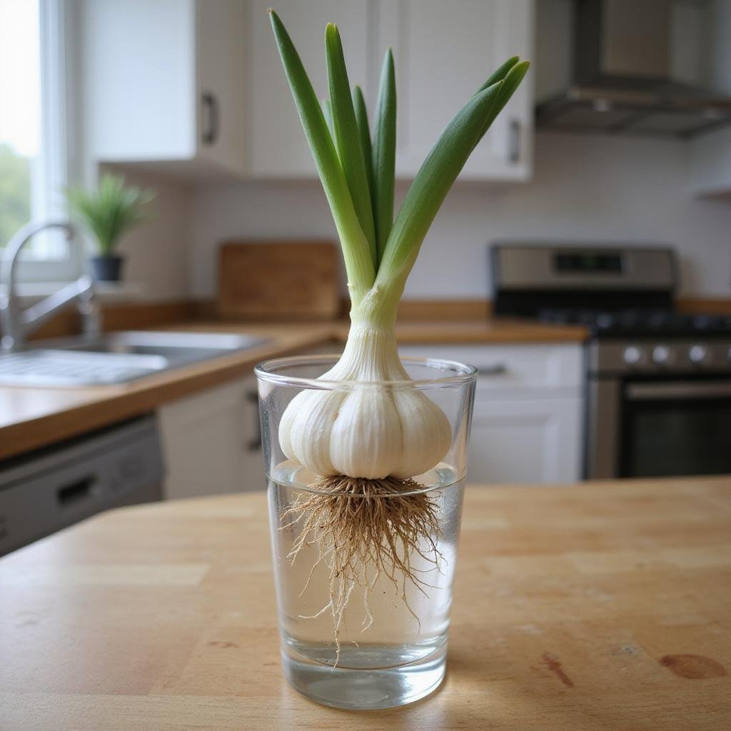 Garlic clove with roots sprouting in water, ready for planting in the garden.