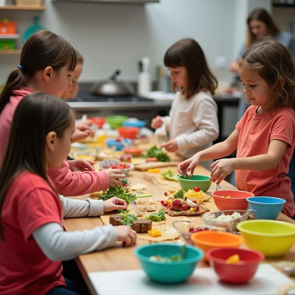 Children preparing ingredients at a cooking station for a kids cooking night event.