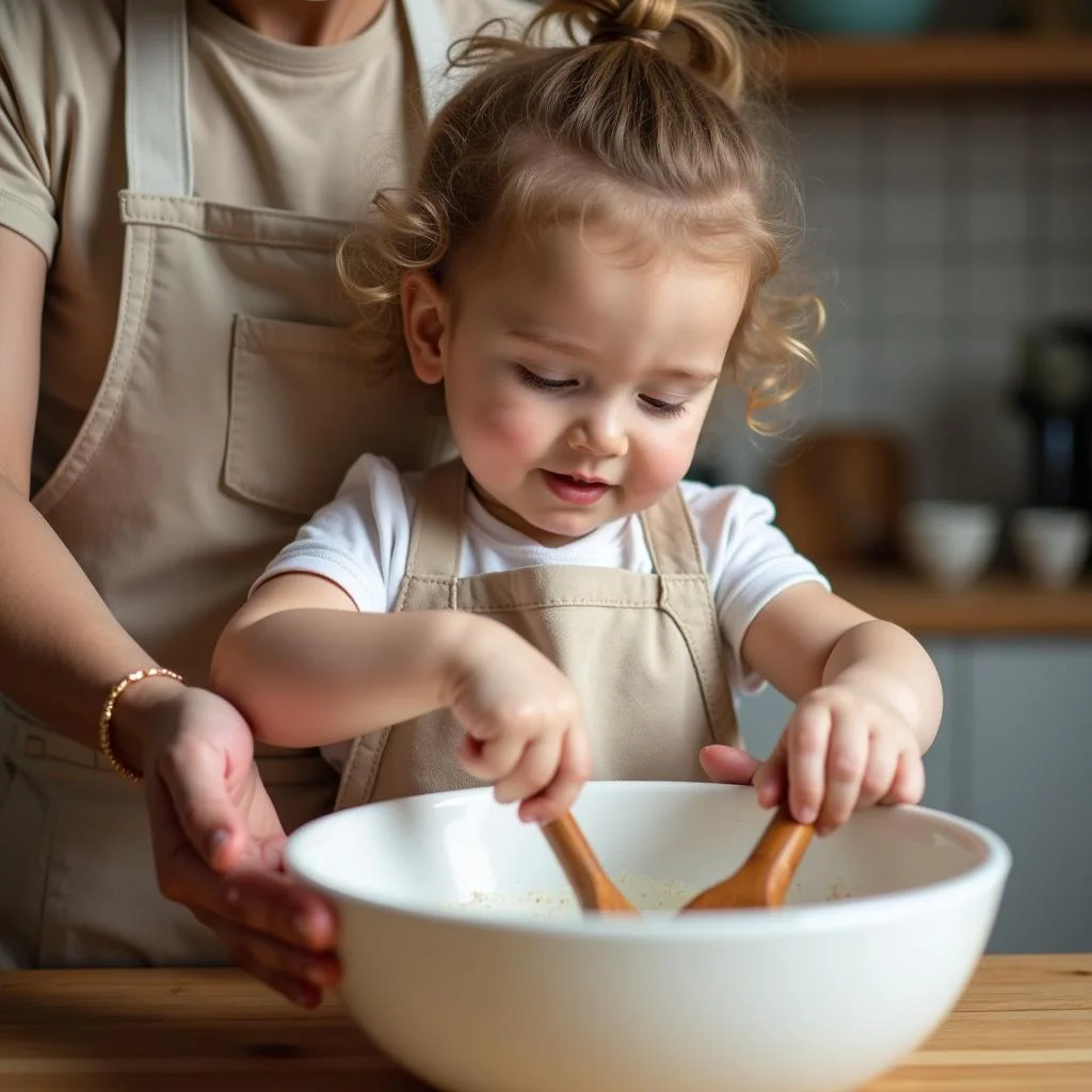 Young child assisting in mixing ingredients with adult during simple meal preparation at home