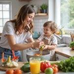 Parent guiding a toddler in washing vegetables during meal prep in a bright home kitchen