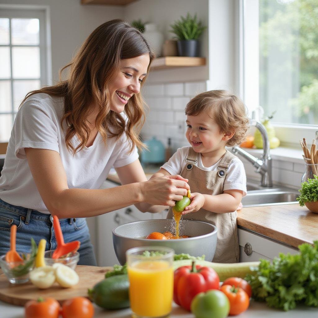 Parent guiding a toddler in washing vegetables during meal prep in a bright home kitchen