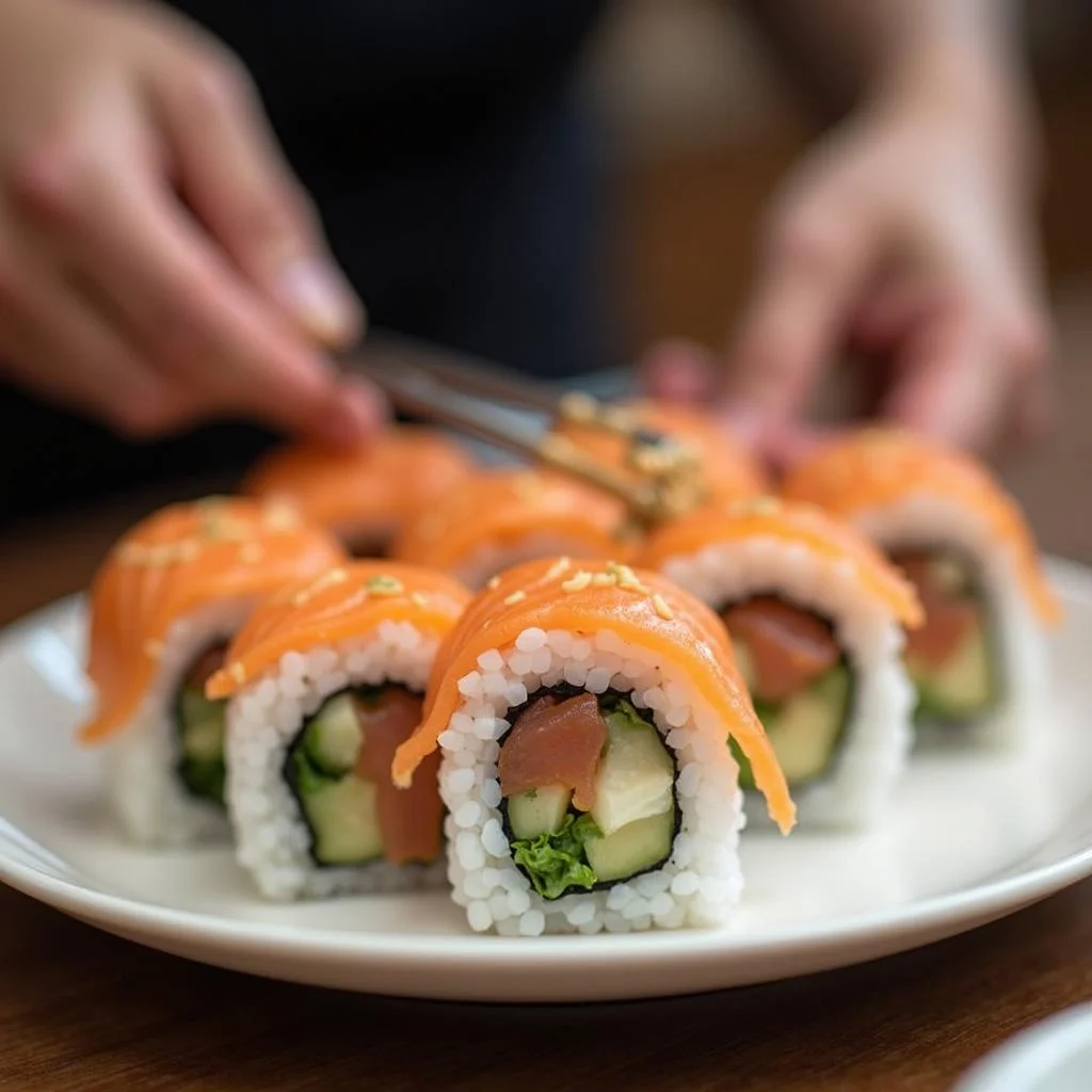 Close-up of homemade sushi rolls being shaped by hand with visible ingredients like fish, rice, and vegetables.
