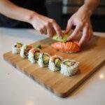 Person making sushi without a mat by hand, surrounded by fresh ingredients on a kitchen counter.
