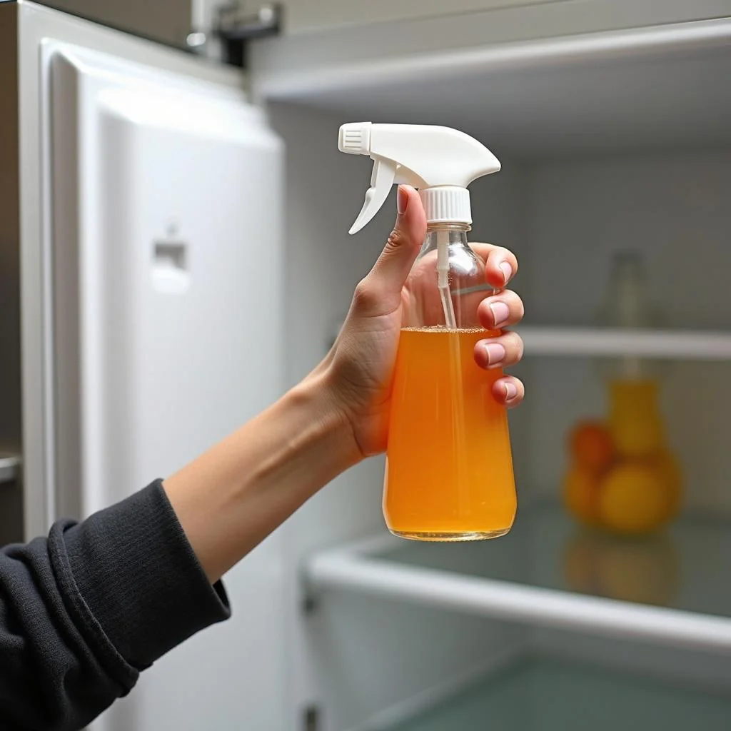Individual spraying natural citrus-based cleaner inside a refrigerator for cleaning purposes.