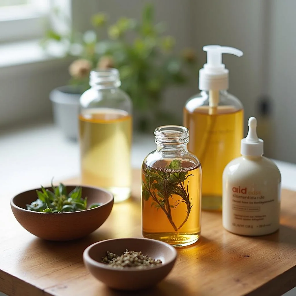 Herbal infusions, dried herbs, and natural skincare products displayed on a wooden table, illustrating herbs used in skincare routines.