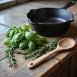 Fresh herbs such as basil, rosemary, and thyme on a rustic kitchen countertop, ideal for cooking and skincare preparations.