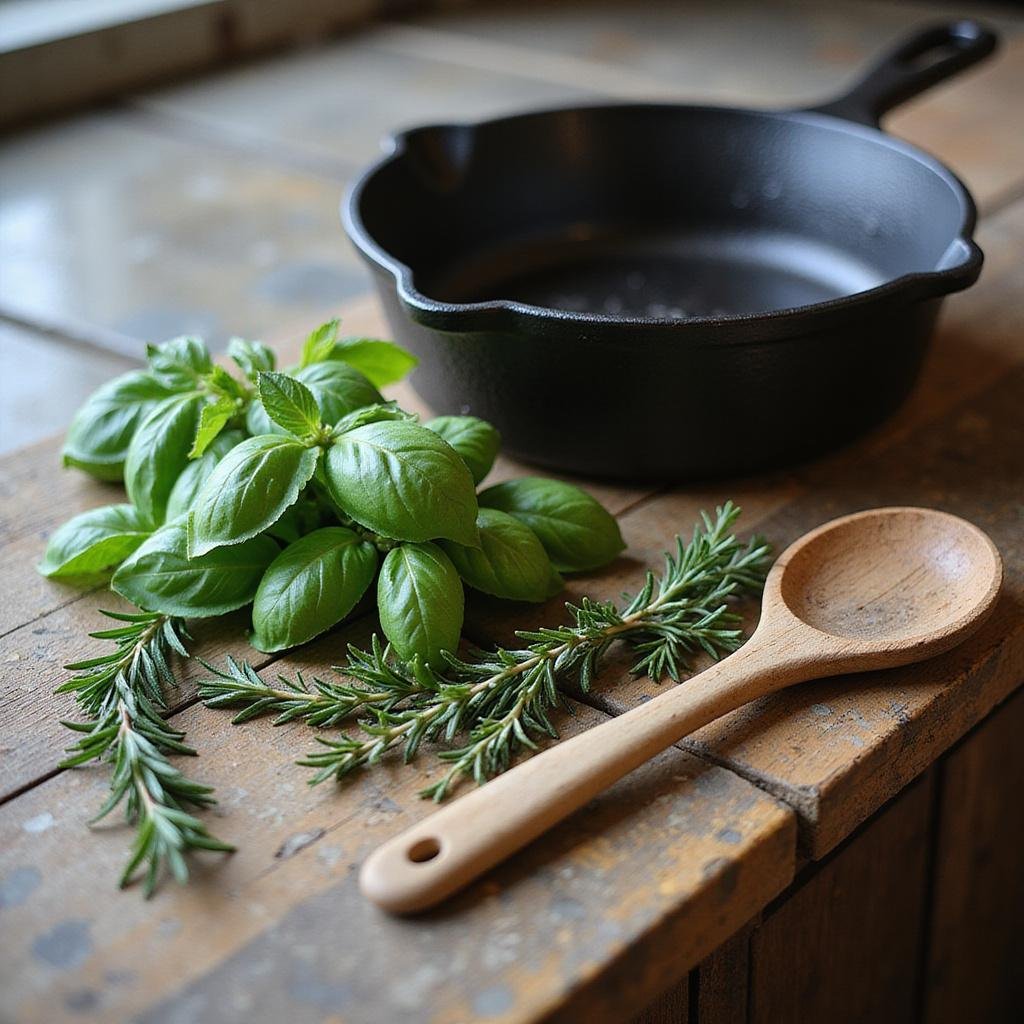 Fresh herbs such as basil, rosemary, and thyme on a rustic kitchen countertop, ideal for cooking and skincare preparations.