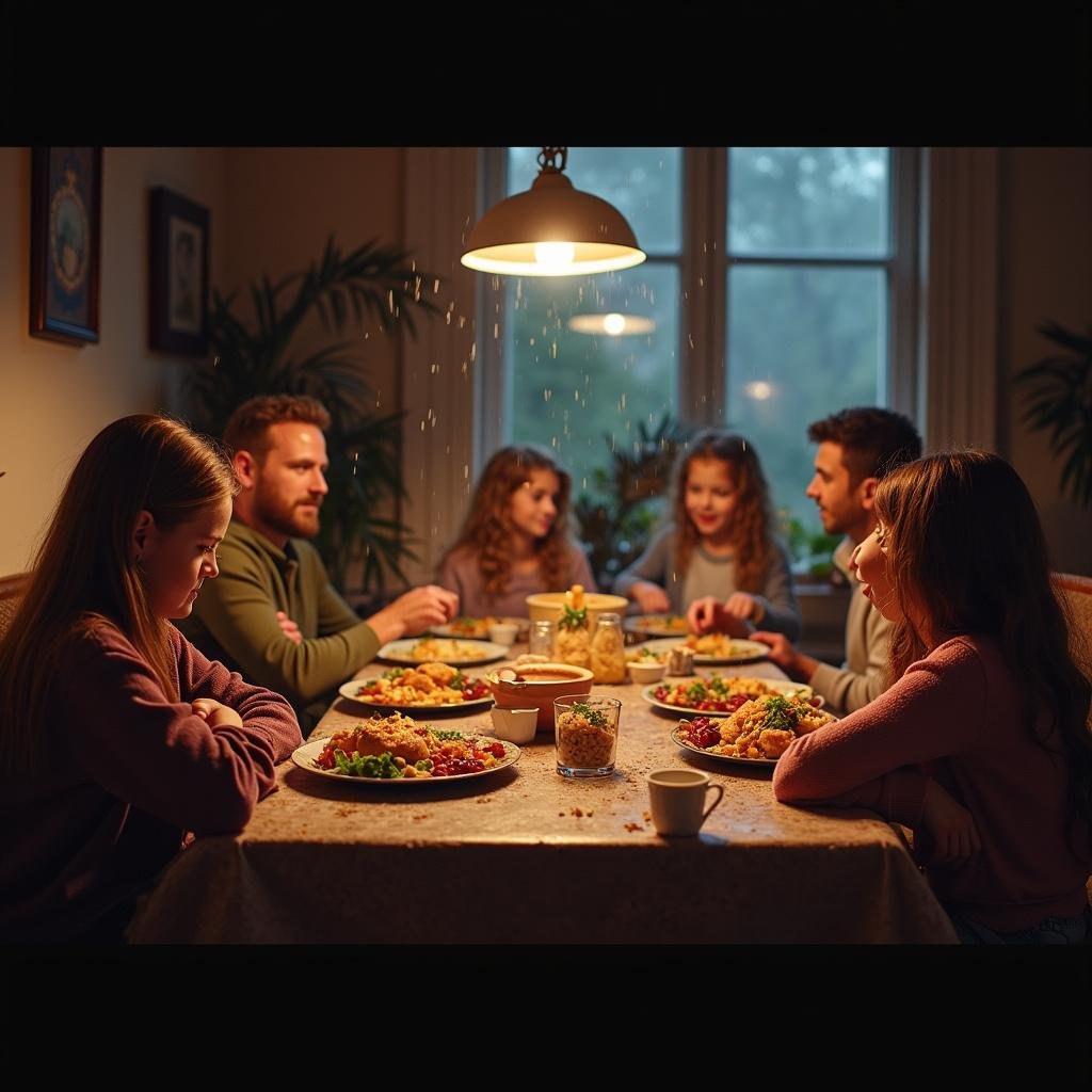 Family enjoying hygge-style meal together indoors on a rainy day with cozy decor