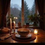 Cozy indoor hygge meal scene with soup, candles, and a rainy window view