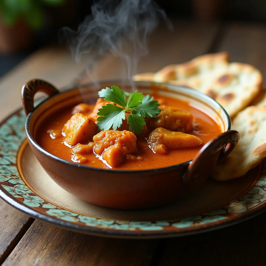 Delicious Indian curry served in a bowl with garnished coriander and naan bread, representing easy Indian recipes