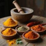 Colorful Indian spices in bowls on wooden table with mortar and pestle, showcasing typical ingredients used in Indian cooking