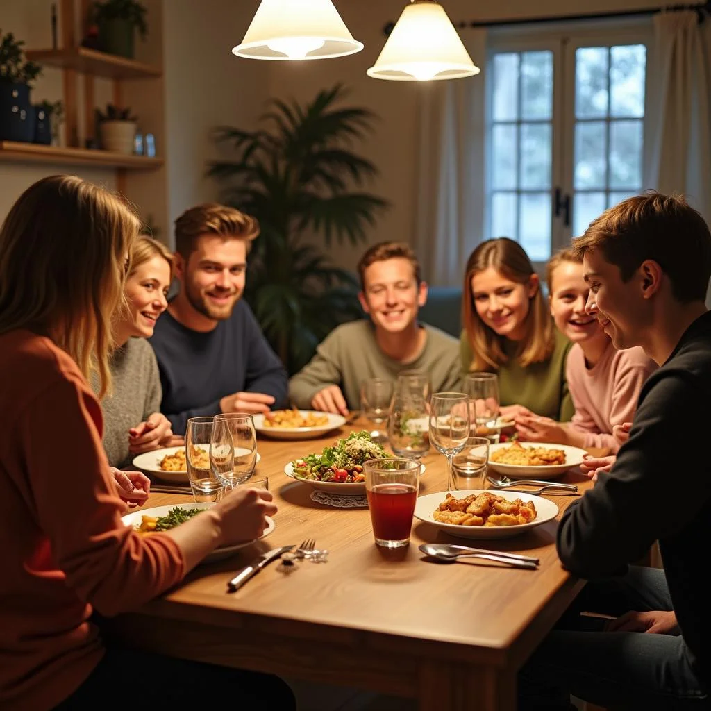 Family enjoying an interactive dinner with games and homemade food, fostering family bonding and togetherness.
