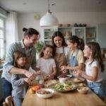 Family preparing a meal together in the kitchen for a fun and interactive dinner, promoting bonding and teamwork.