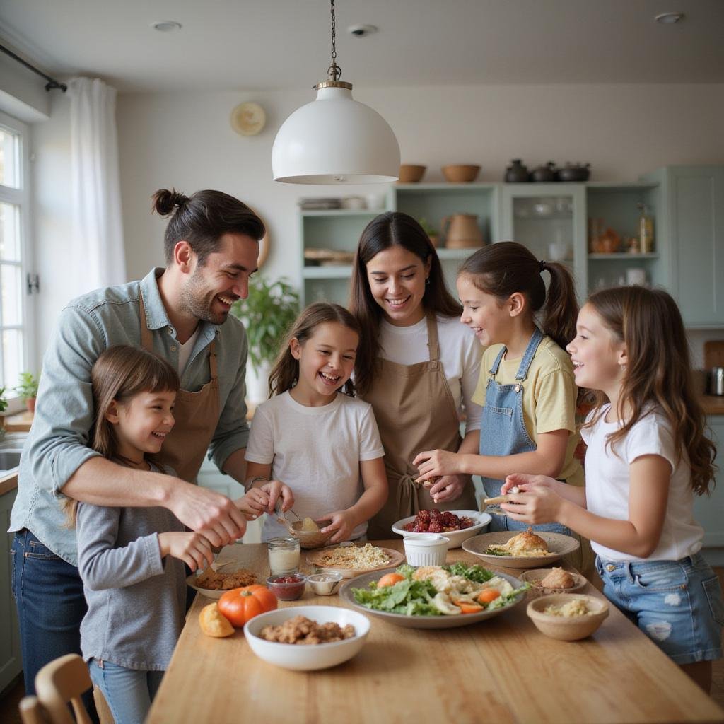 Family preparing a meal together in the kitchen for a fun and interactive dinner, promoting bonding and teamwork.